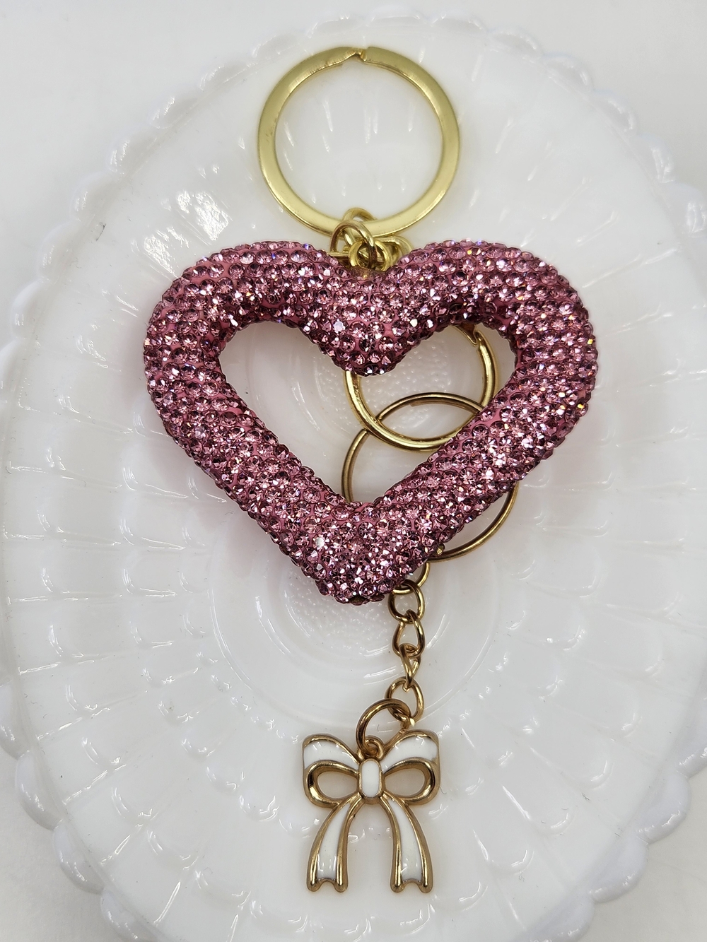 Pink Crystal Heart Keychain with Gold Bow Charm